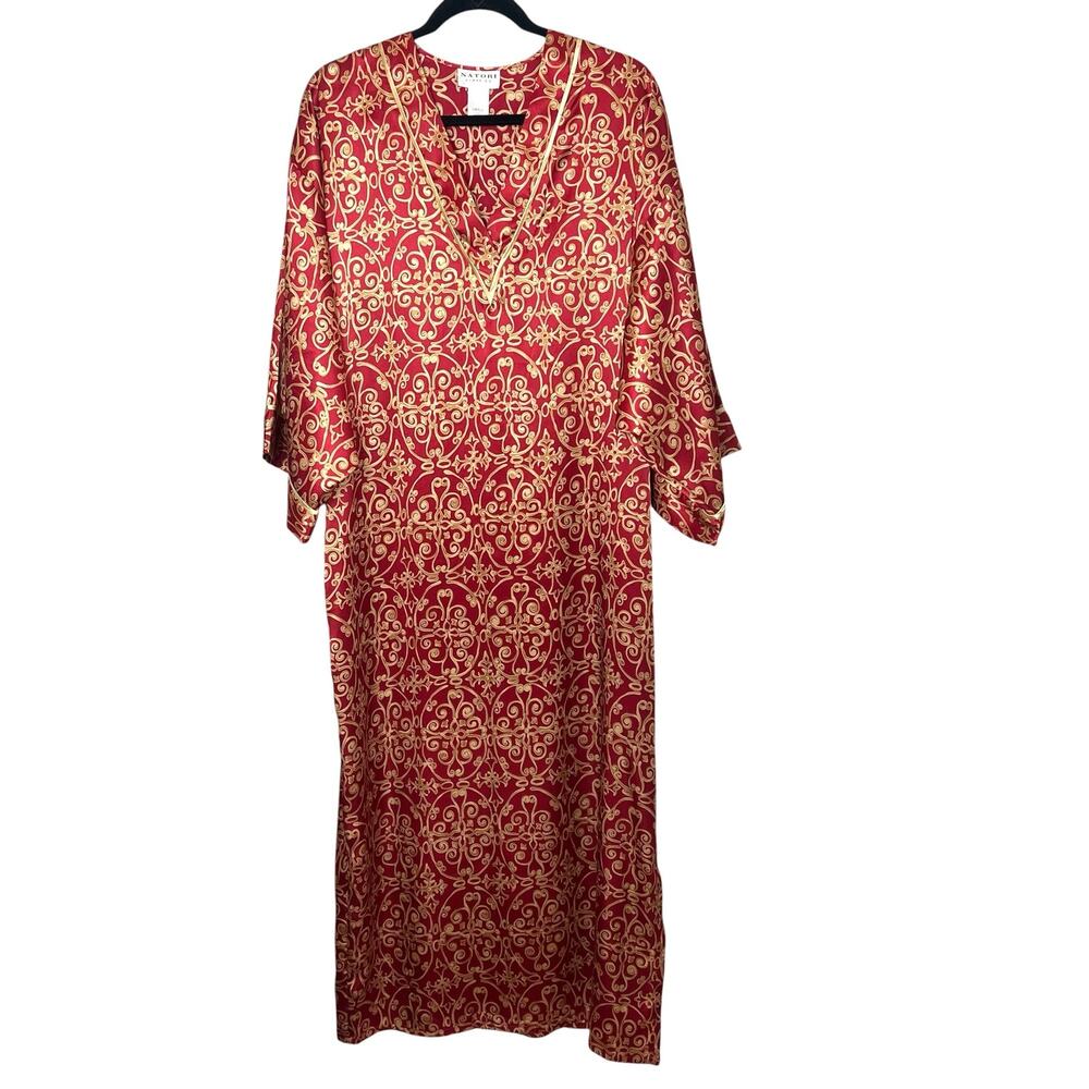 Natori Classics Satin Caftan V-Neck Gown Luxury Loungewear Size Small Red Gold